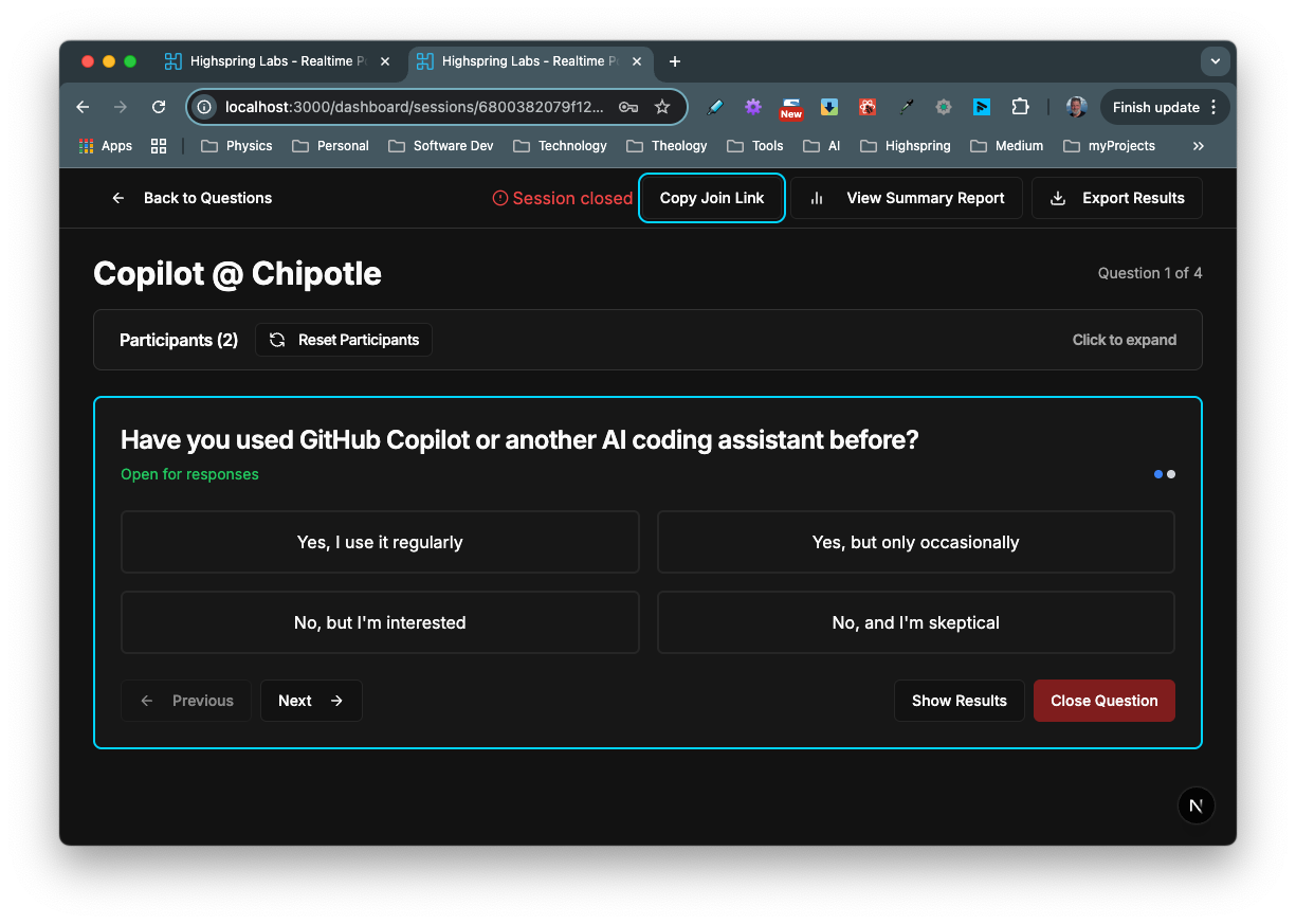 Presenter view of question with response options