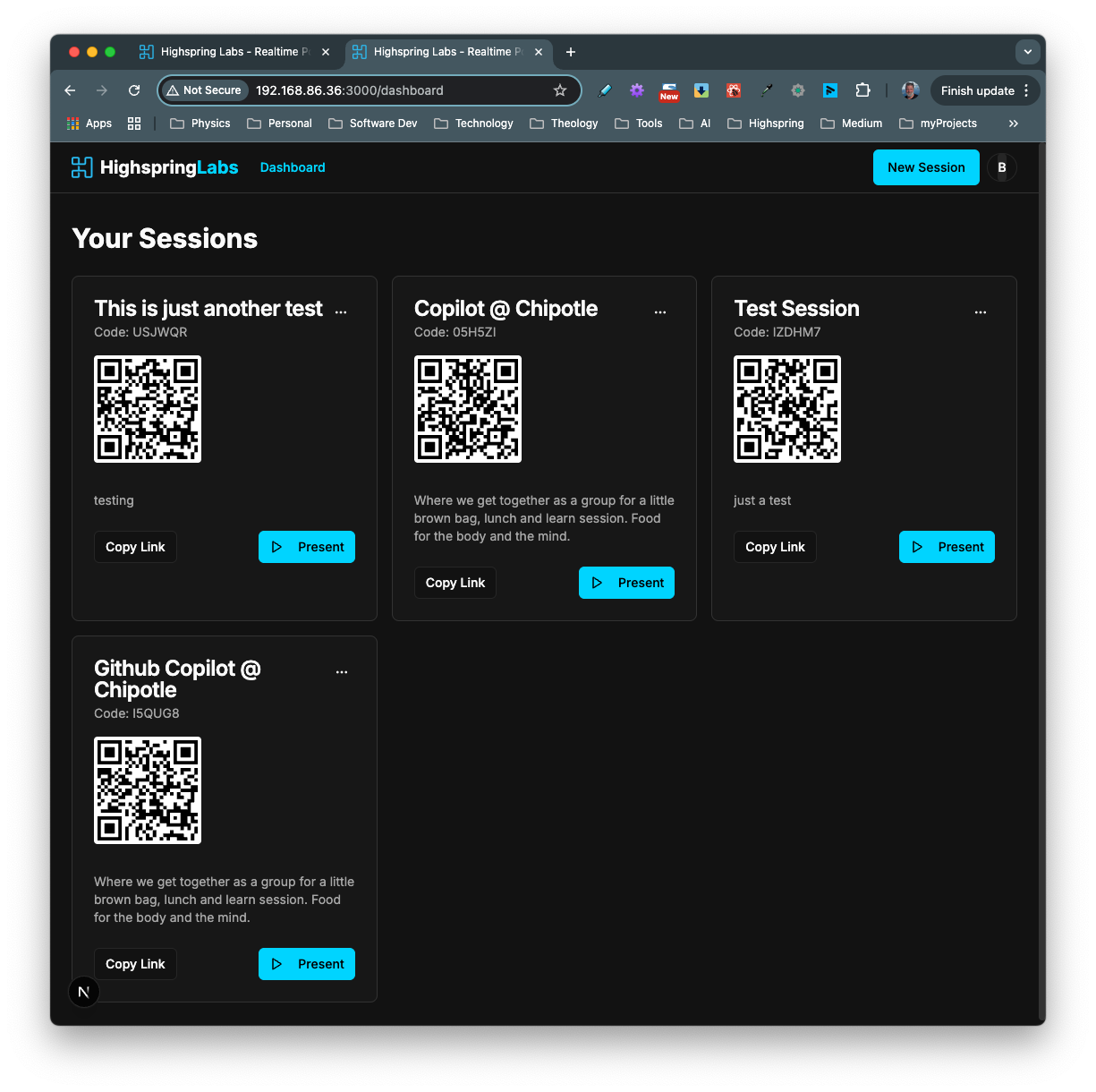 Dashboard showing session management interface